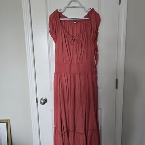 Old Navy Coral Babydoll Tie-Neck Maxi Dress